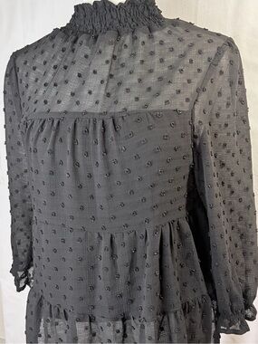 Monteau Black Tiered Embroidered Blouse 3/4 Sleeve Sheer Lined Sz L Dressy Top